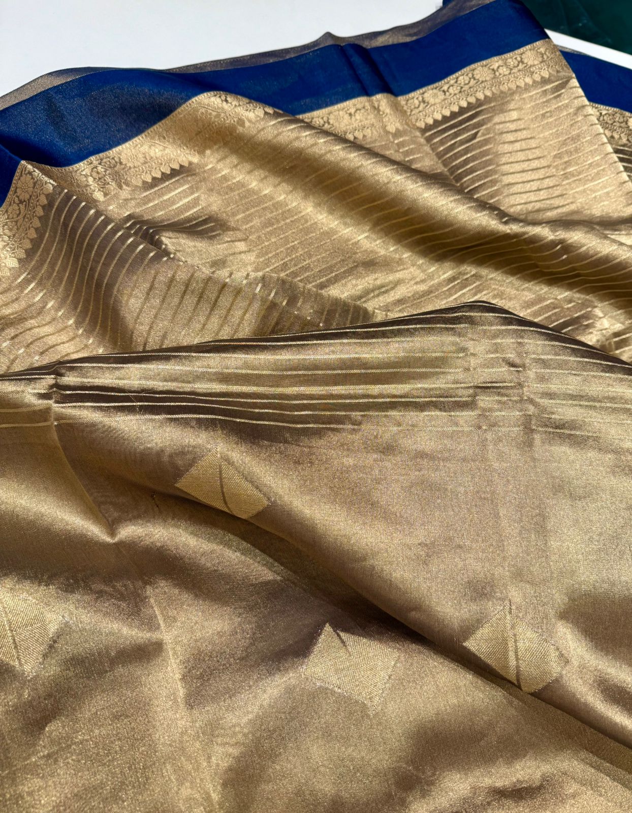 Gold blue Pure tissue satin border Benarasi