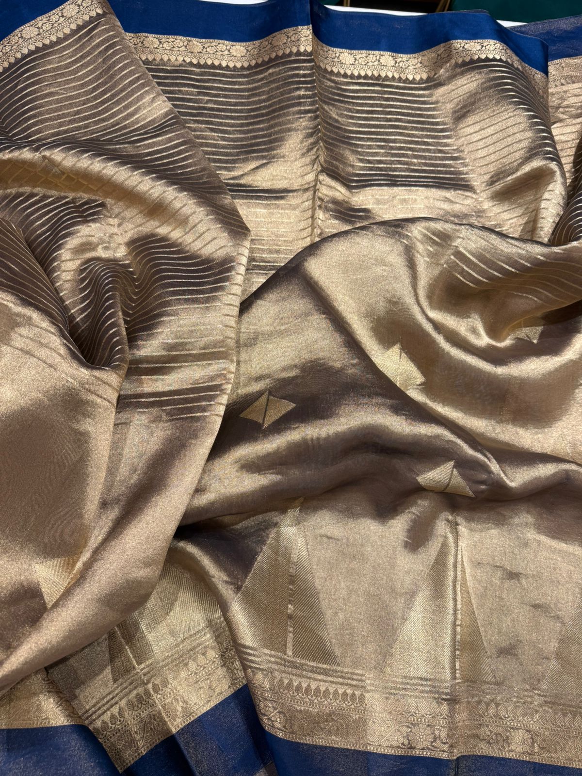 Gold blue Pure tissue satin border Benarasi