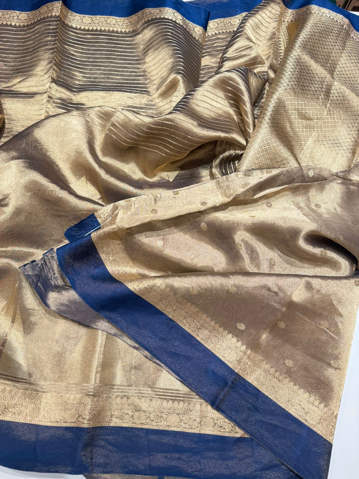 Gold blue Pure tissue satin border Benarasi