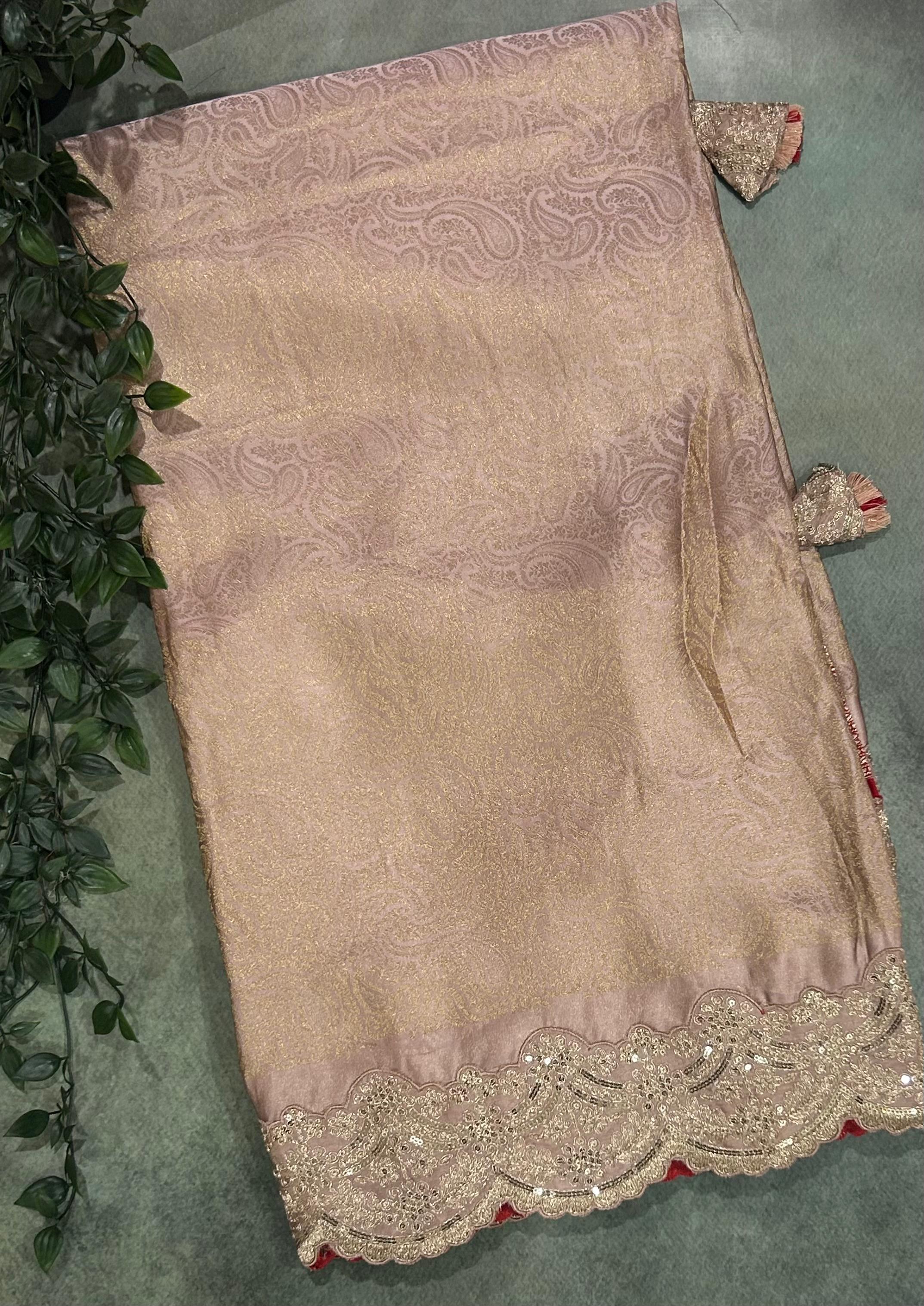 Peach brocade tissue scallop border party wear