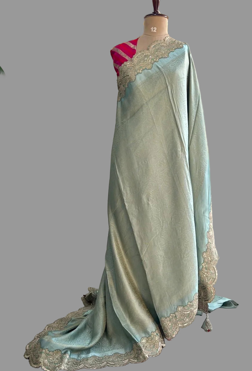 Pastel green brocade tissue scallop border party wear