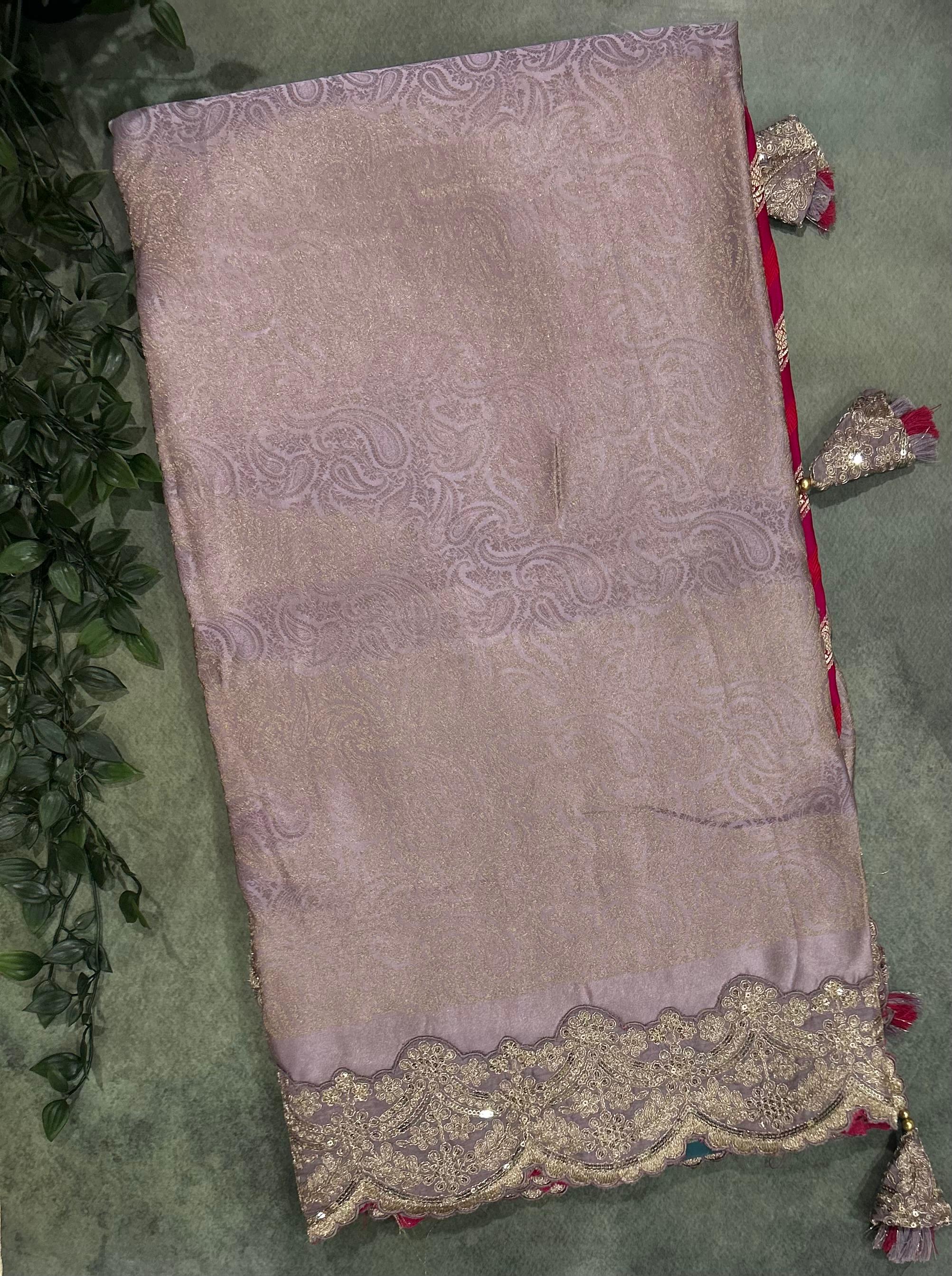 Lavender brocade tissue scallop border party wear
