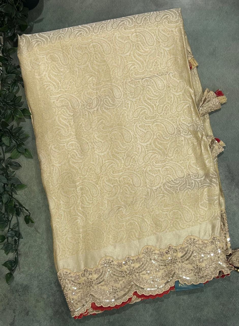 Cream brocade tissue scallop border party wear