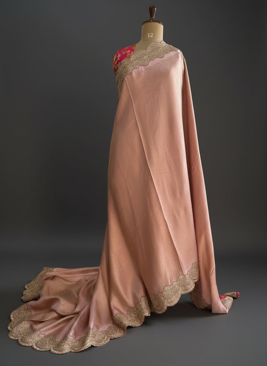 Pastel pink brocade tissue scallop border party wear