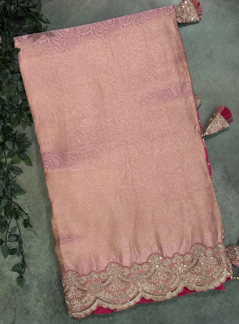 Pastel pink brocade tissue scallop border party wear