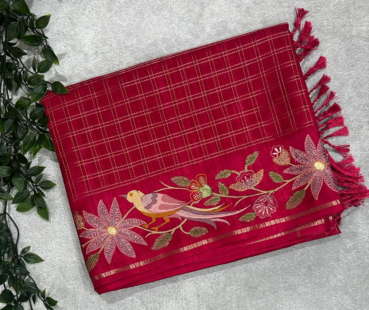 Pink tussar checks embroidery border saree