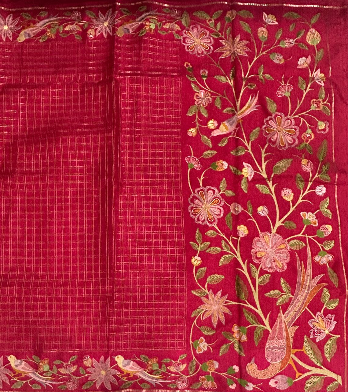 Pink tussar checks embroidery border saree