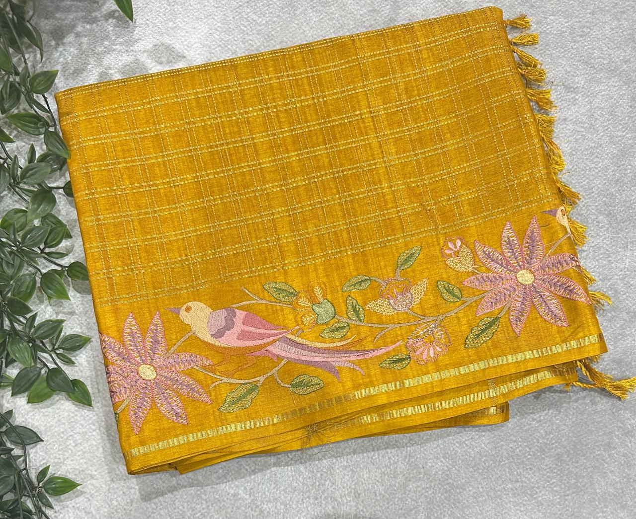 Mustard yellow tussar checks embroidery border saree