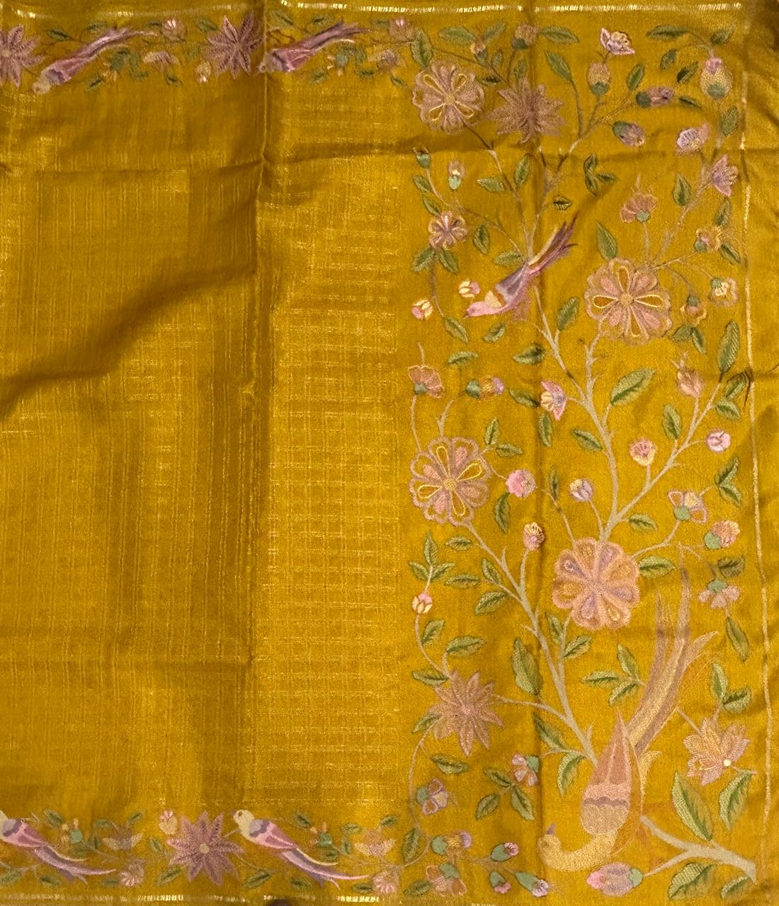 Mustard yellow tussar checks embroidery border saree
