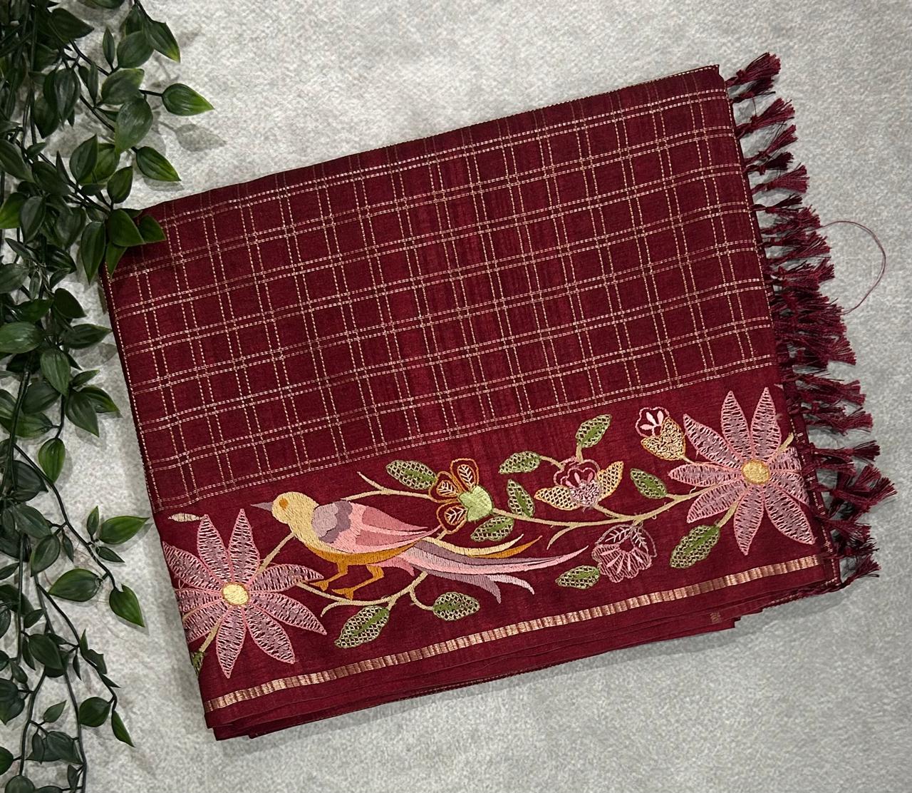 Maroon  tussar checks embroidery border saree