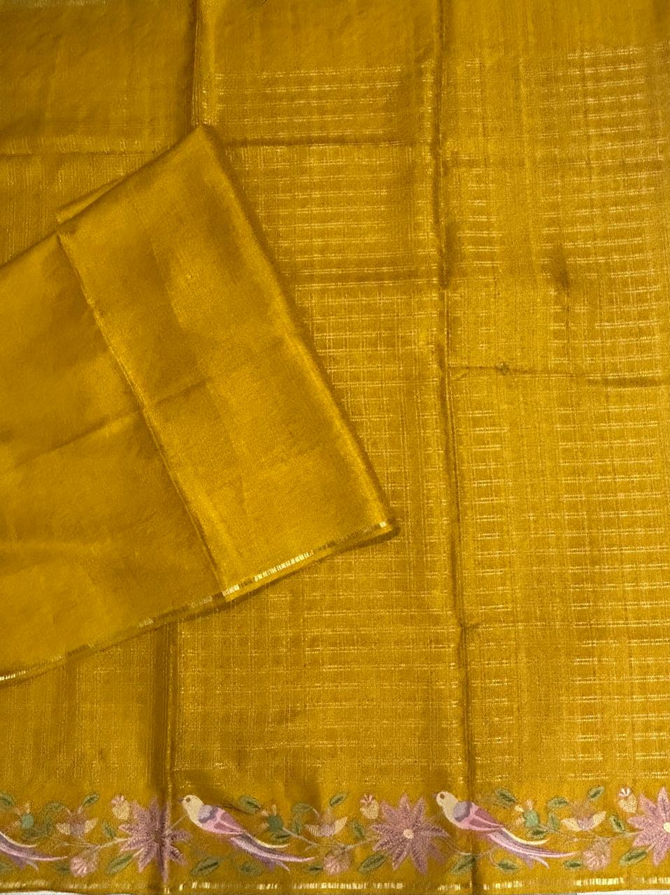 Mustard yellow tussar checks embroidery border saree