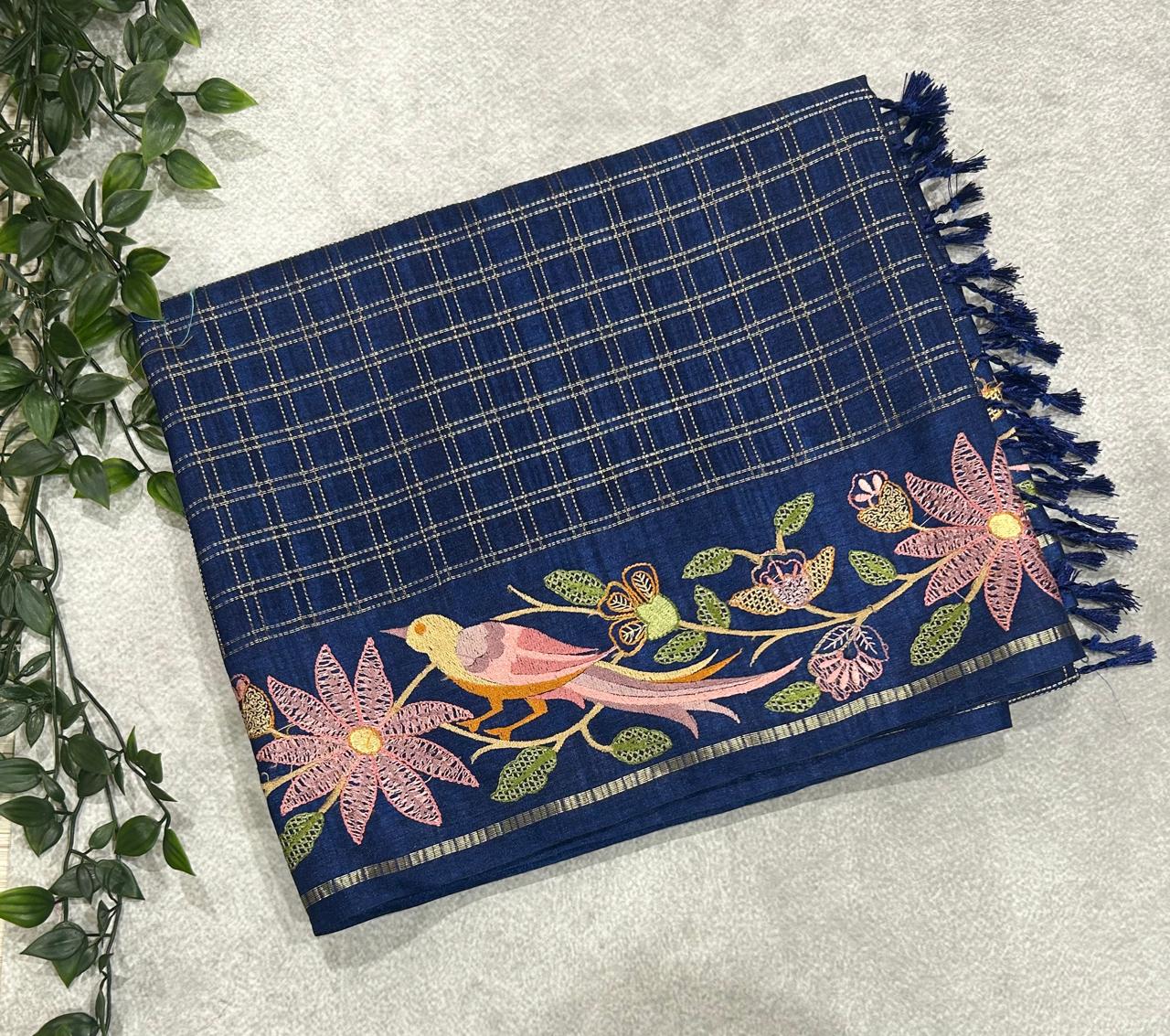 Navy blue  tussar checks embroidery border saree