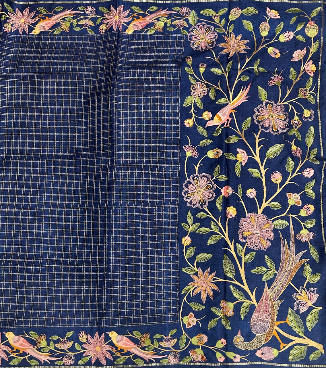 Navy blue  tussar checks embroidery border saree