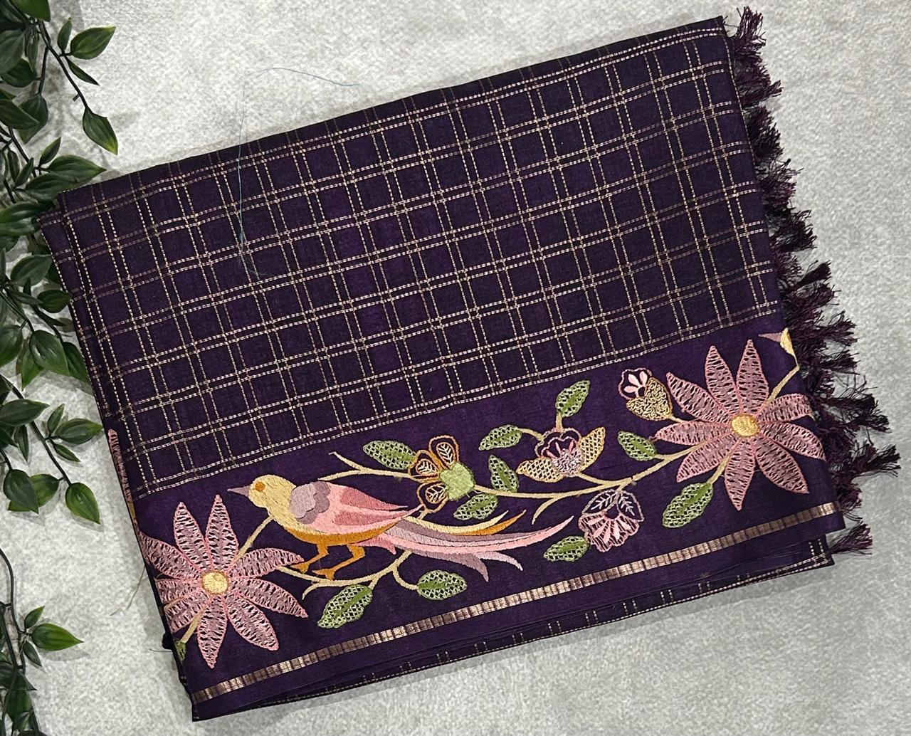Dark purple tussar checks embroidery border saree