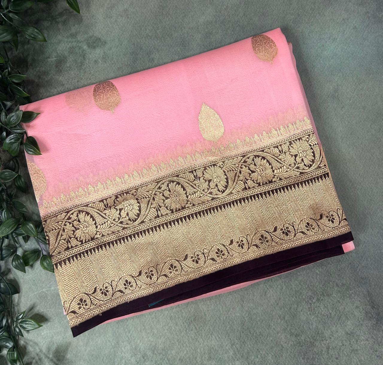 Pastel pink n brown pure kora organza silk saree