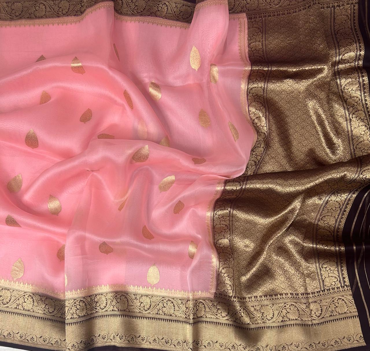 Pastel pink n brown pure kora organza silk saree