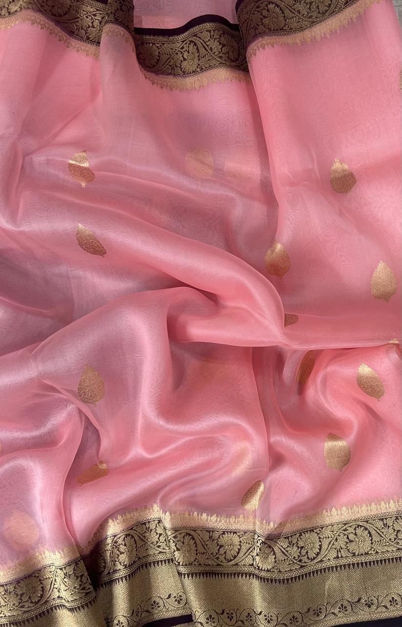 Pastel pink n brown pure kora organza silk saree