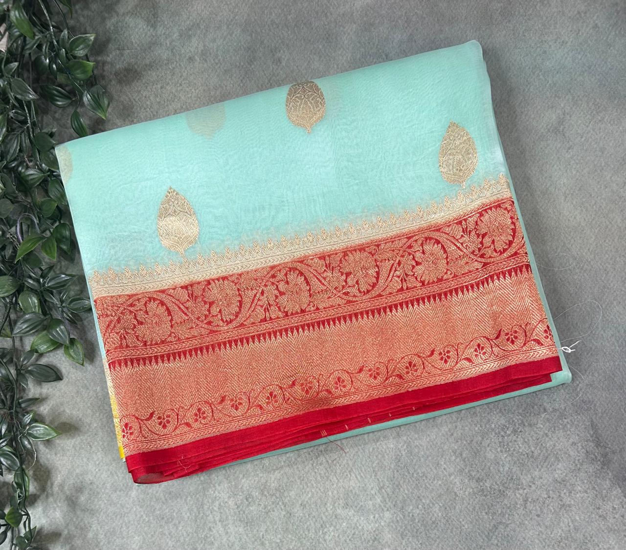light sea green kora organza silk saree