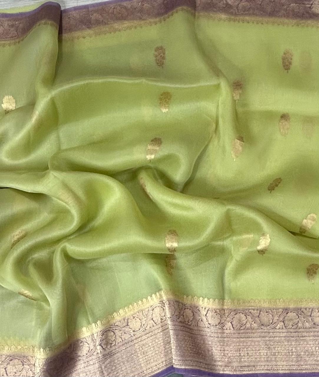 Light pista green kora organza silk saree