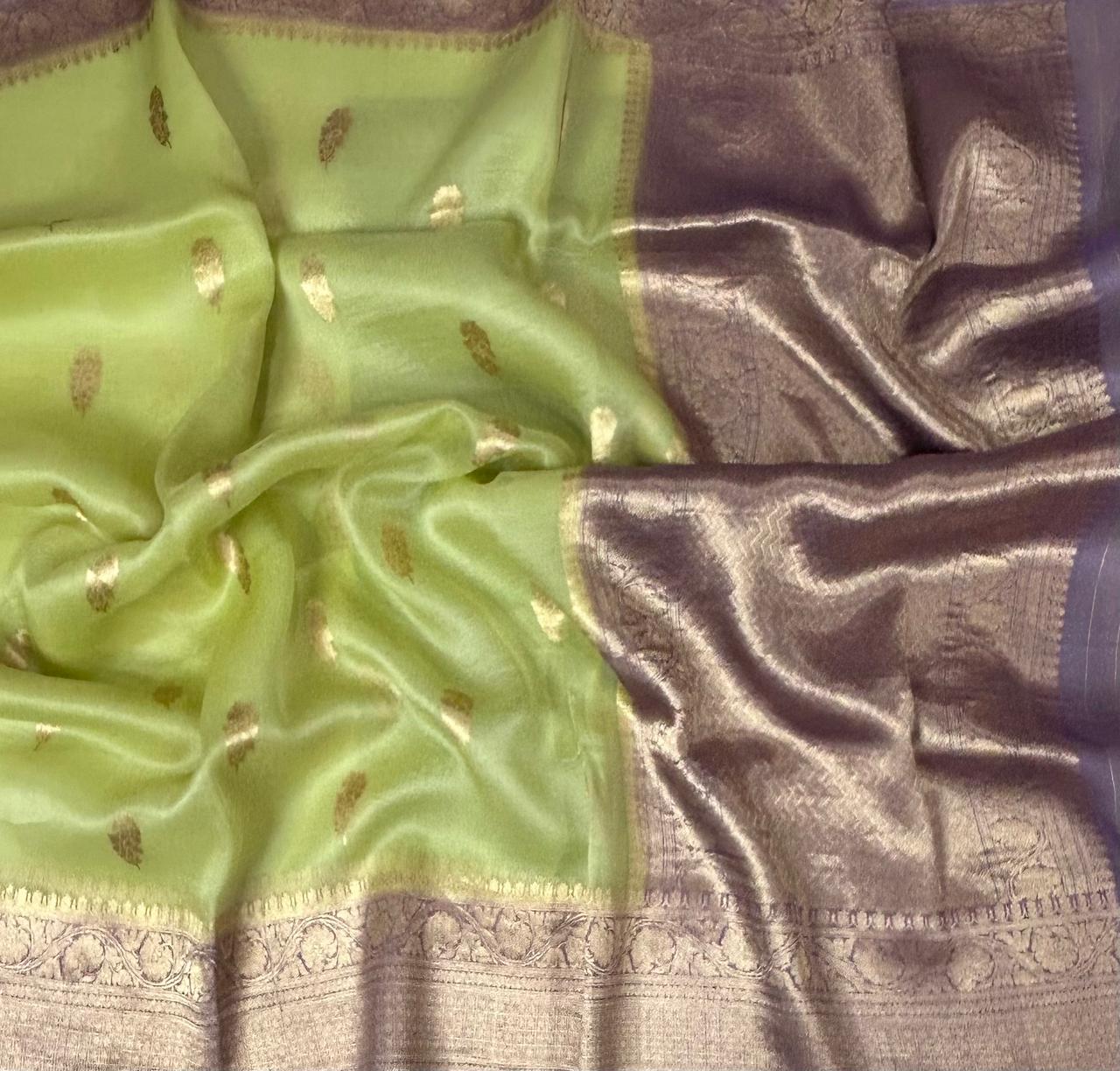 Light pista green kora organza silk saree