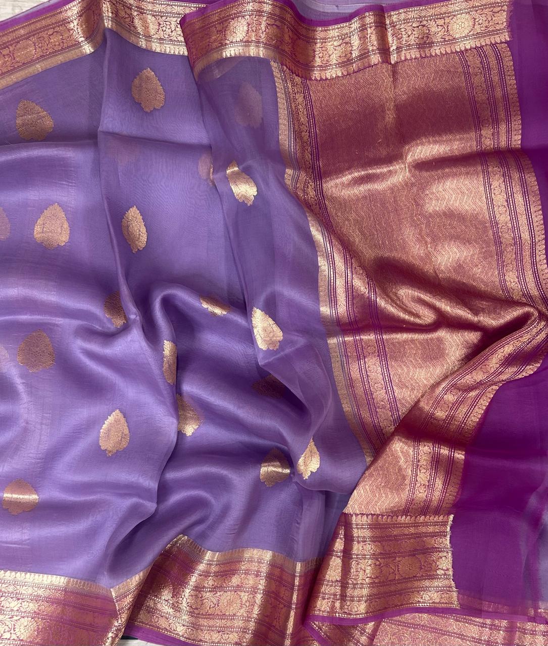 Lilac n megenta pure kora 12 organza silk saree