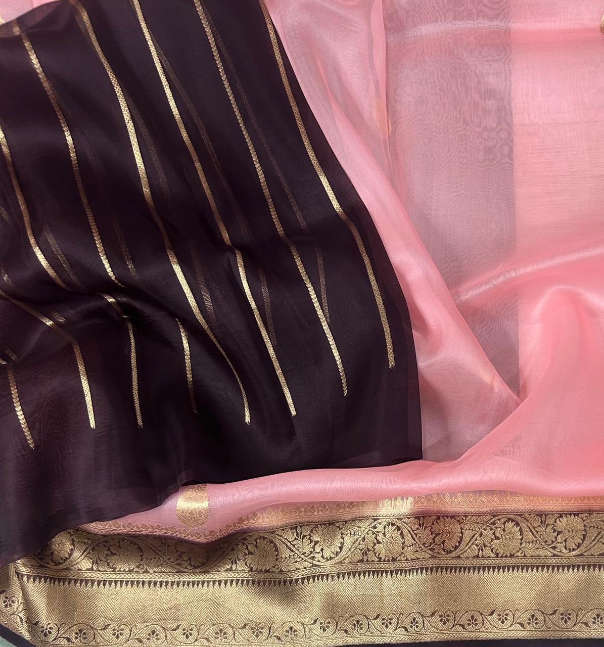 Pastel pink n brown pure kora organza silk saree