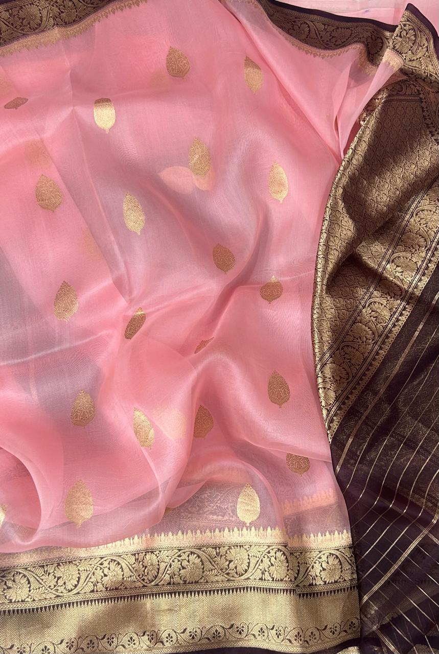 Pastel pink n brown pure kora organza silk saree