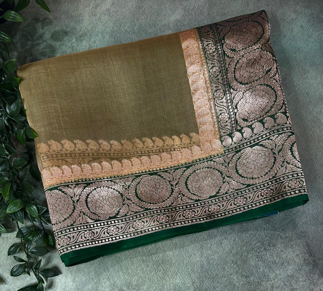 Golden beige green pure 12 kora organza silk saree