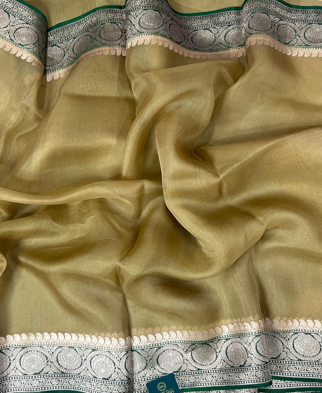 Golden beige green pure 12 kora organza silk saree