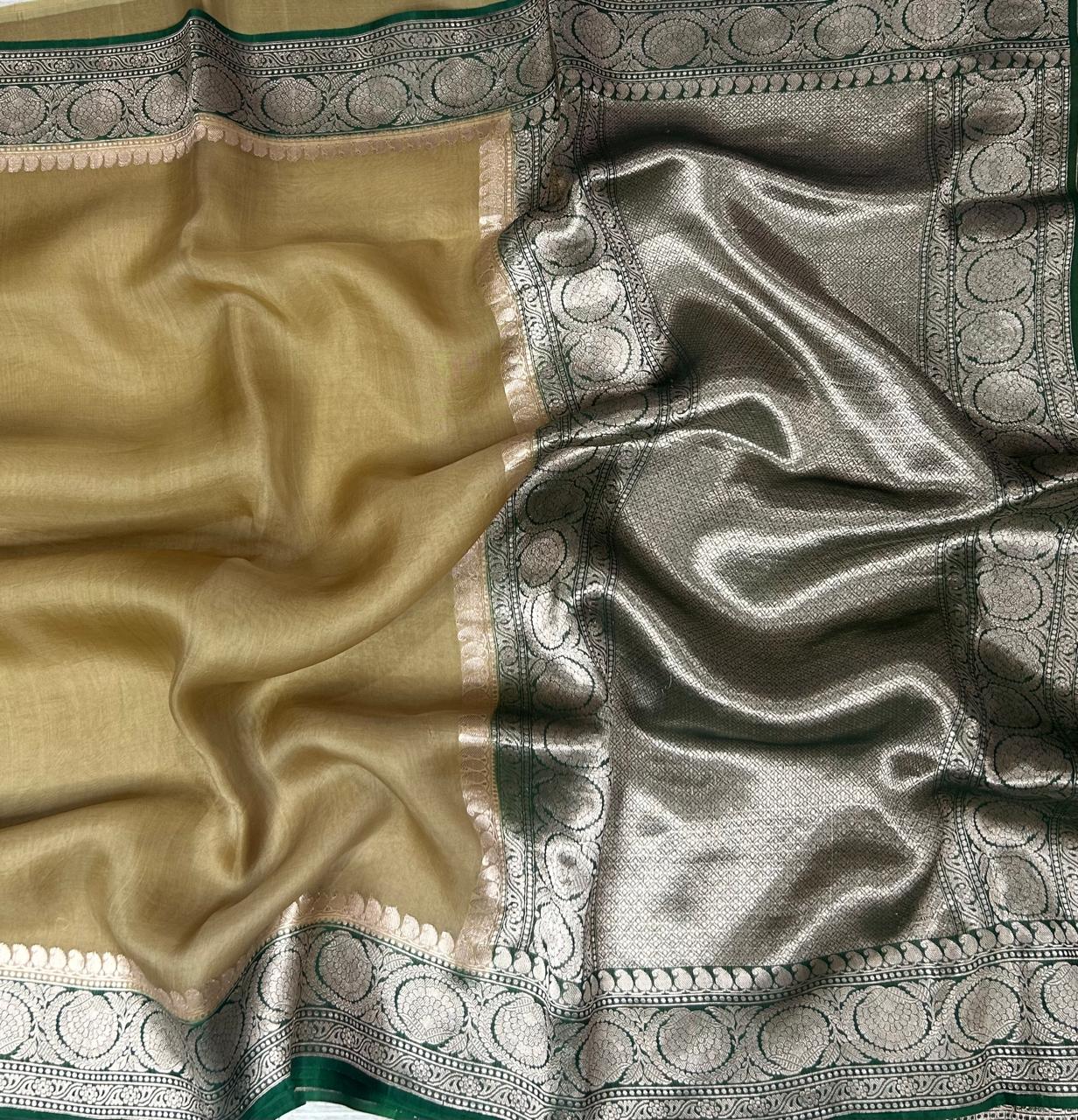 Golden beige green pure 12 kora organza silk saree