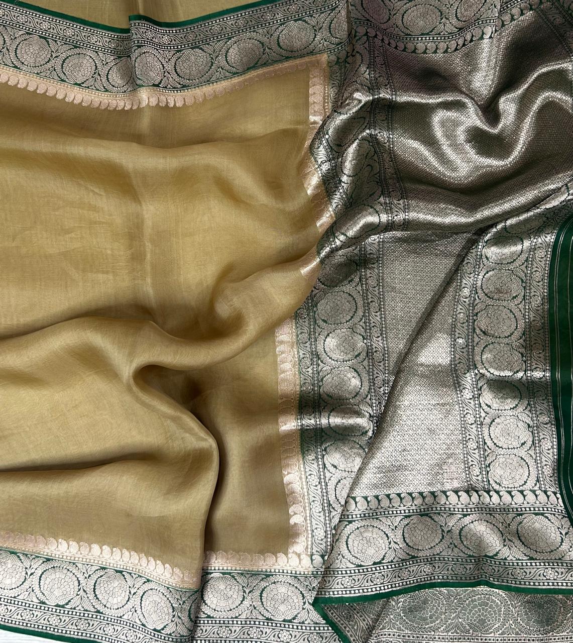Golden beige n green pure kora organza silk saree