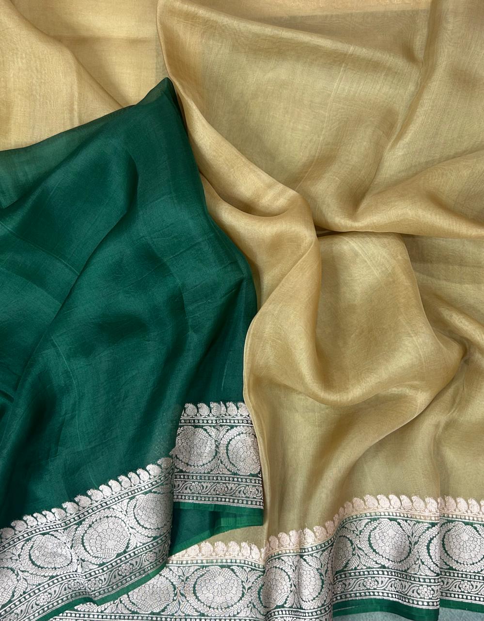 Golden beige n green pure kora organza silk saree