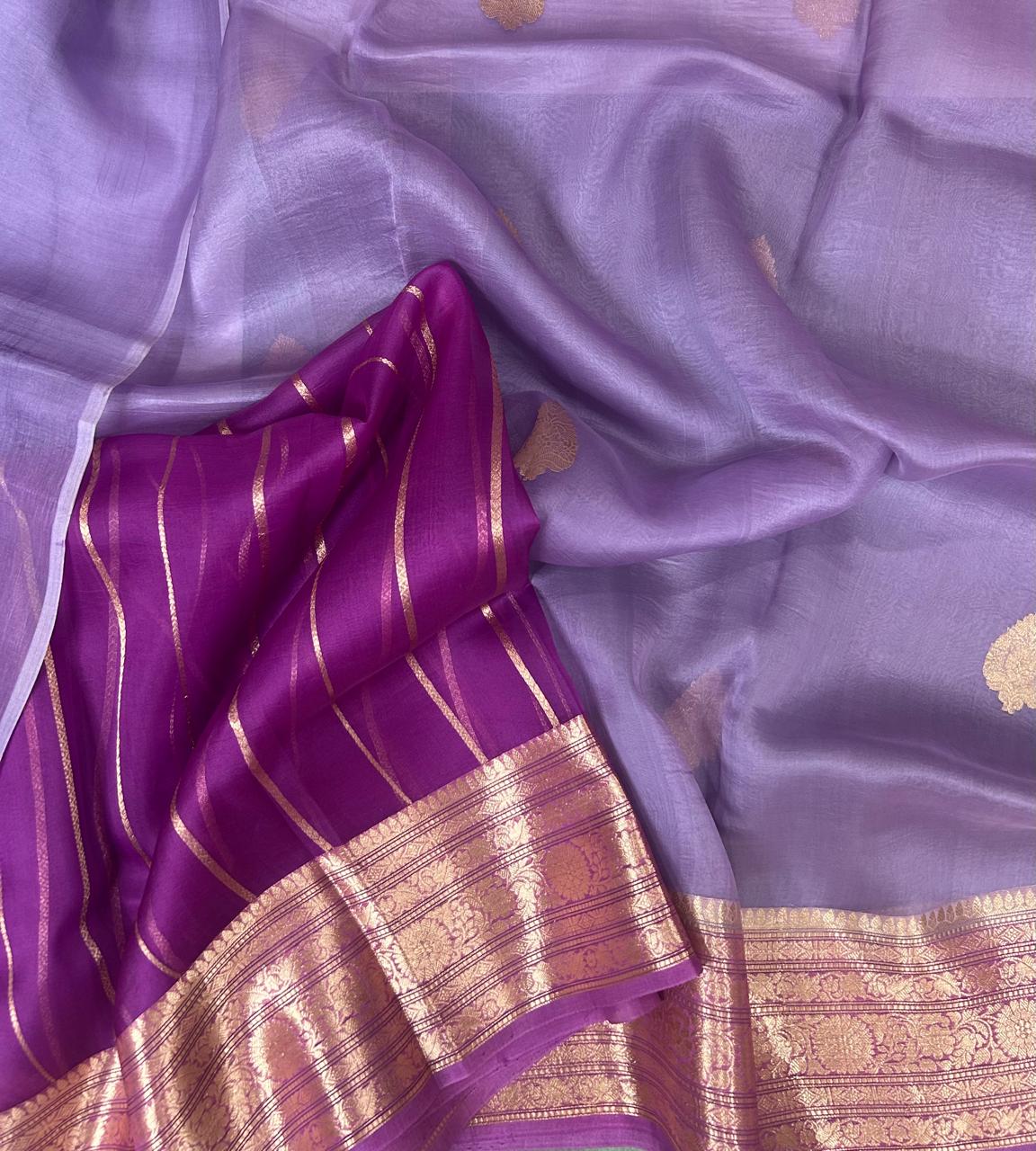 Lilac n megenta kora organza silk saree