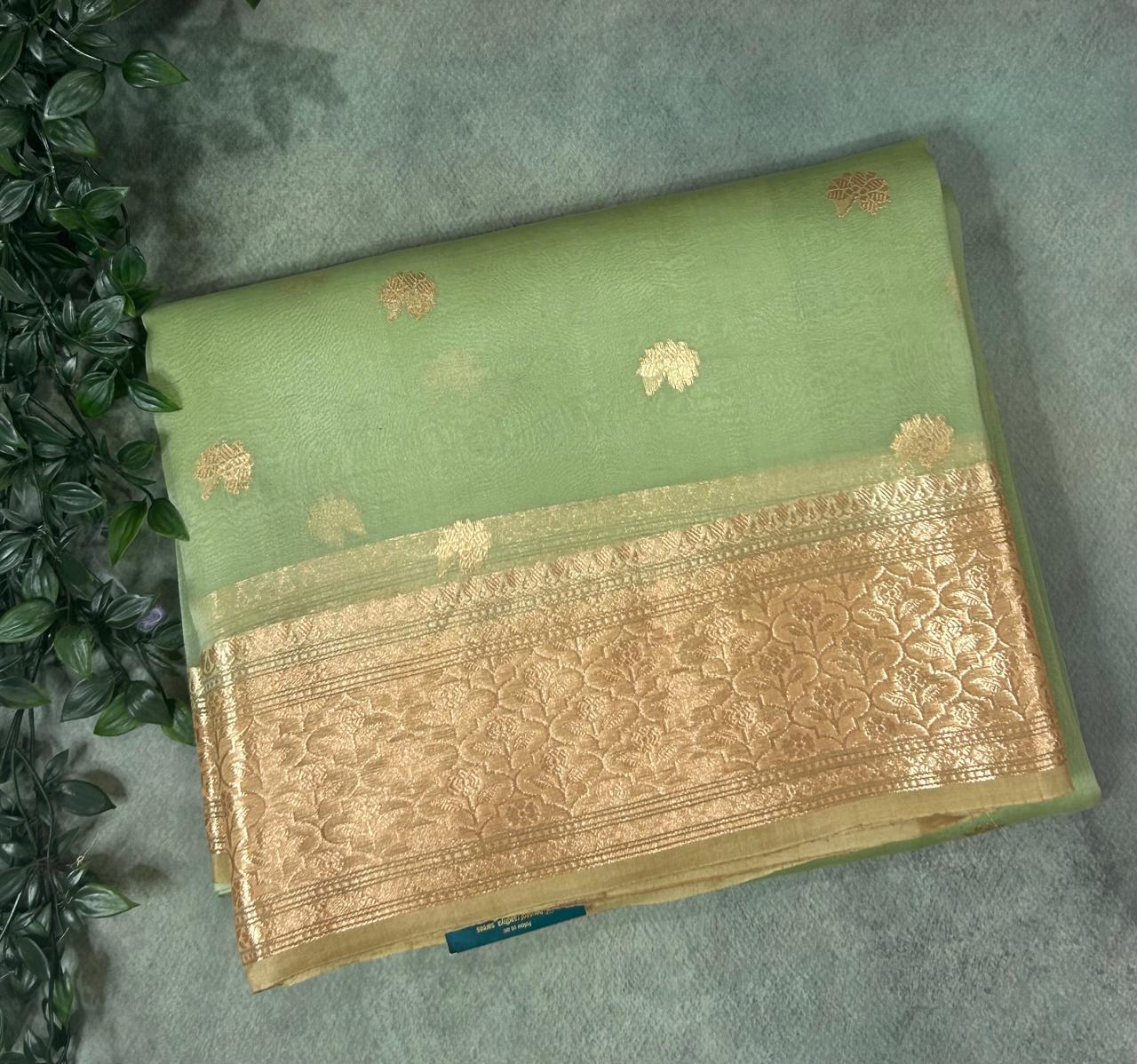 Pastel green kora organza silk saree