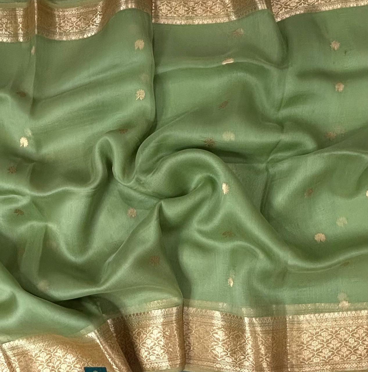 Pastel green kora organza silk saree