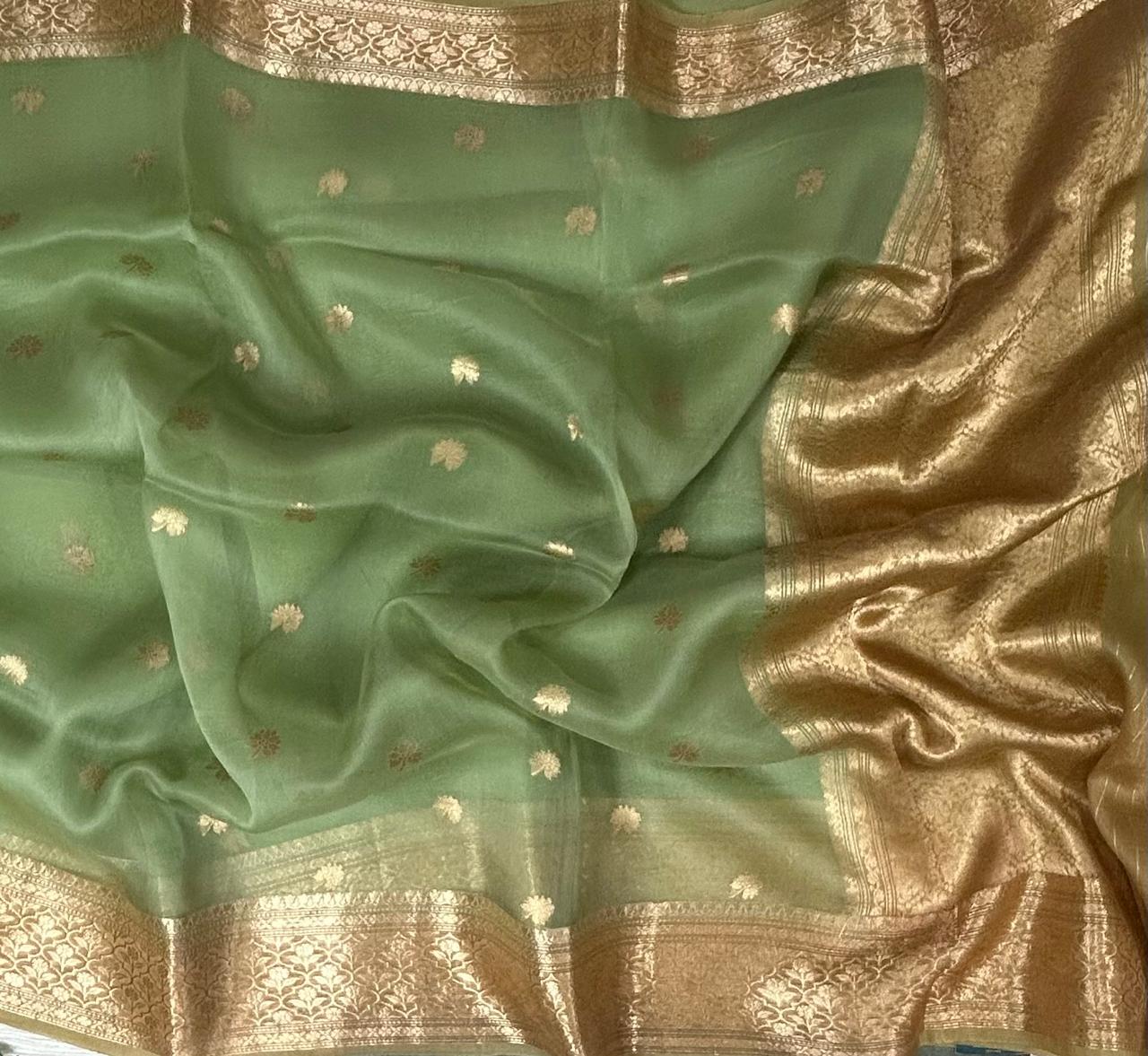 Pastel green kora organza silk saree