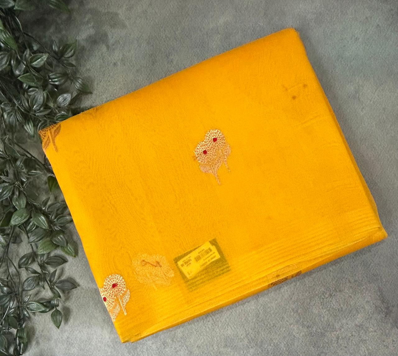 Bright yellow kora organza silk saree