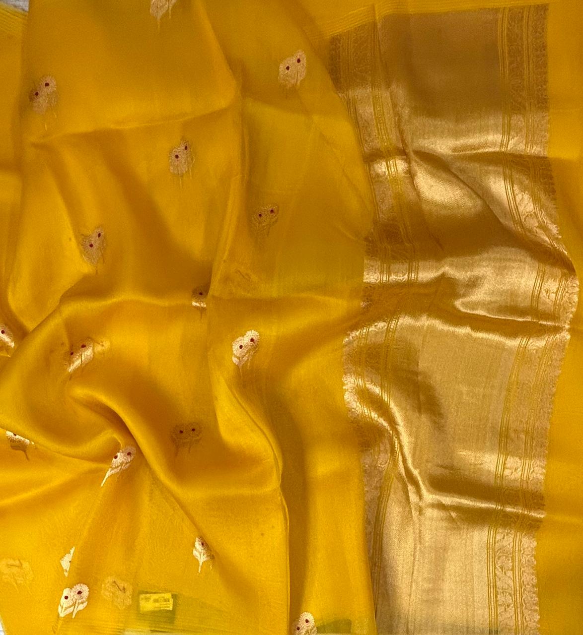 Bright yellow kora organza silk saree