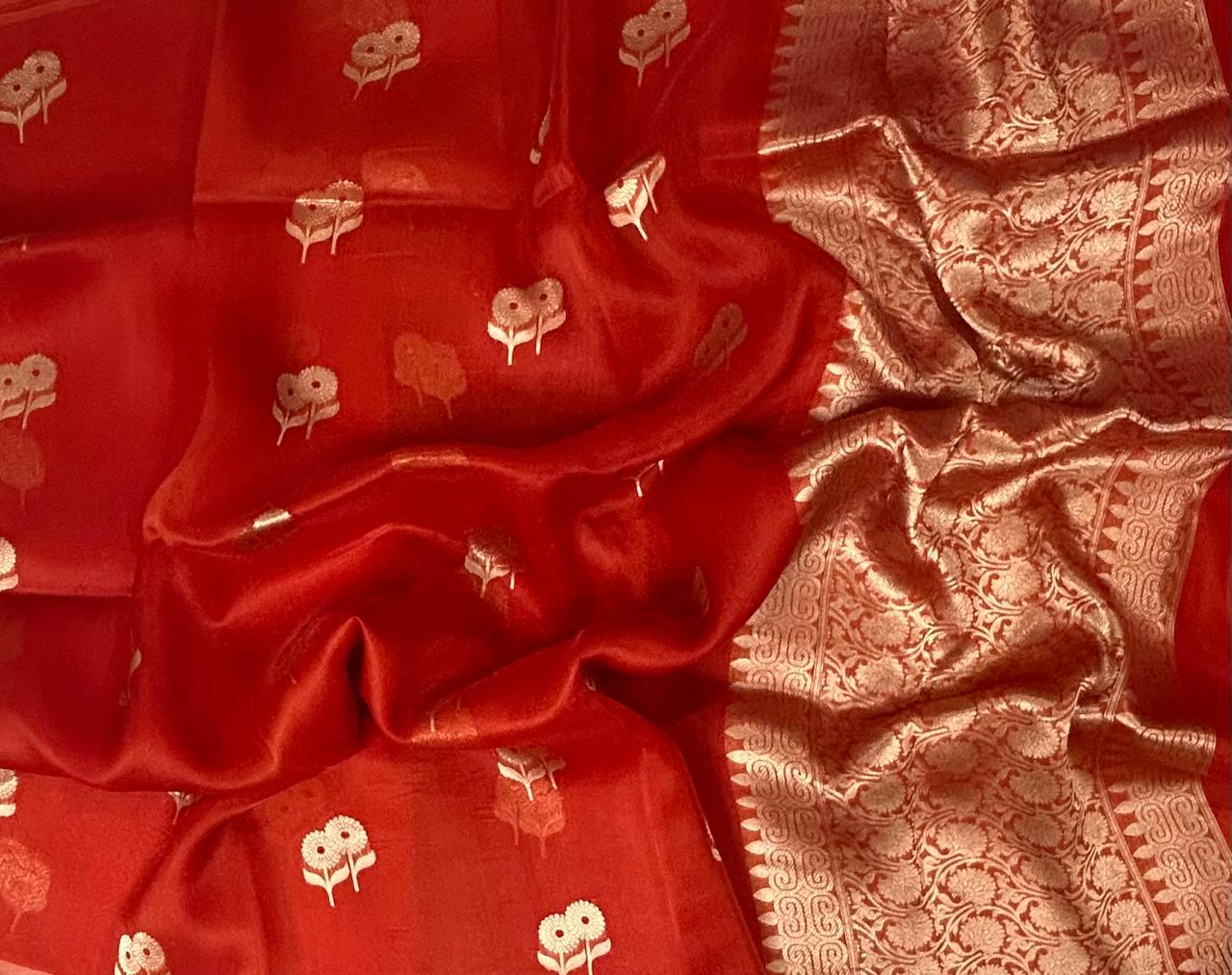 Reddish orange kora organza silk saree