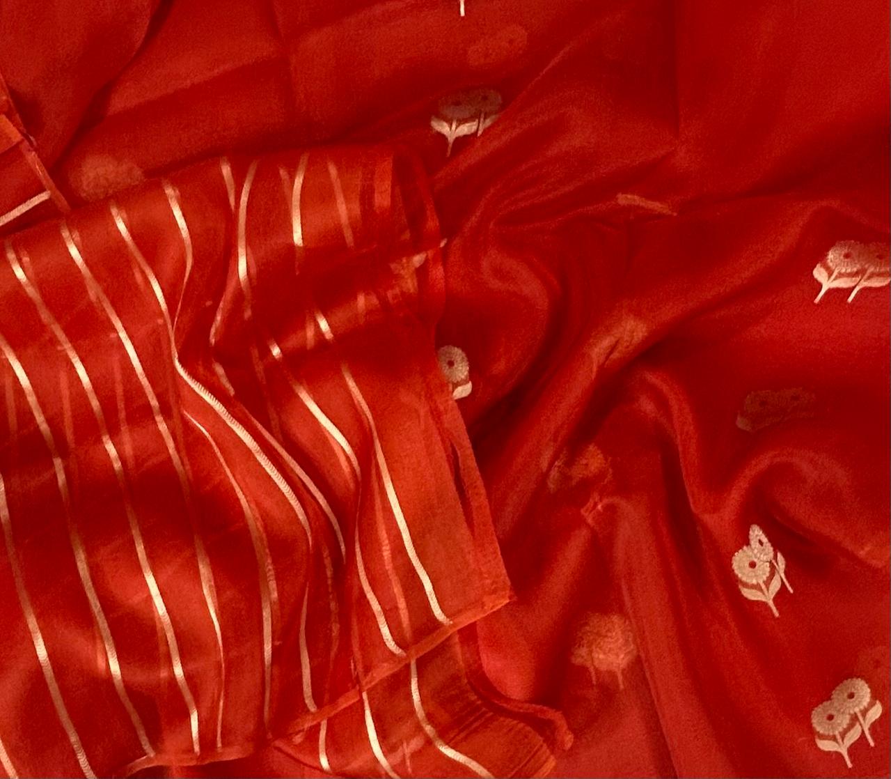 Reddish orange kora organza silk saree