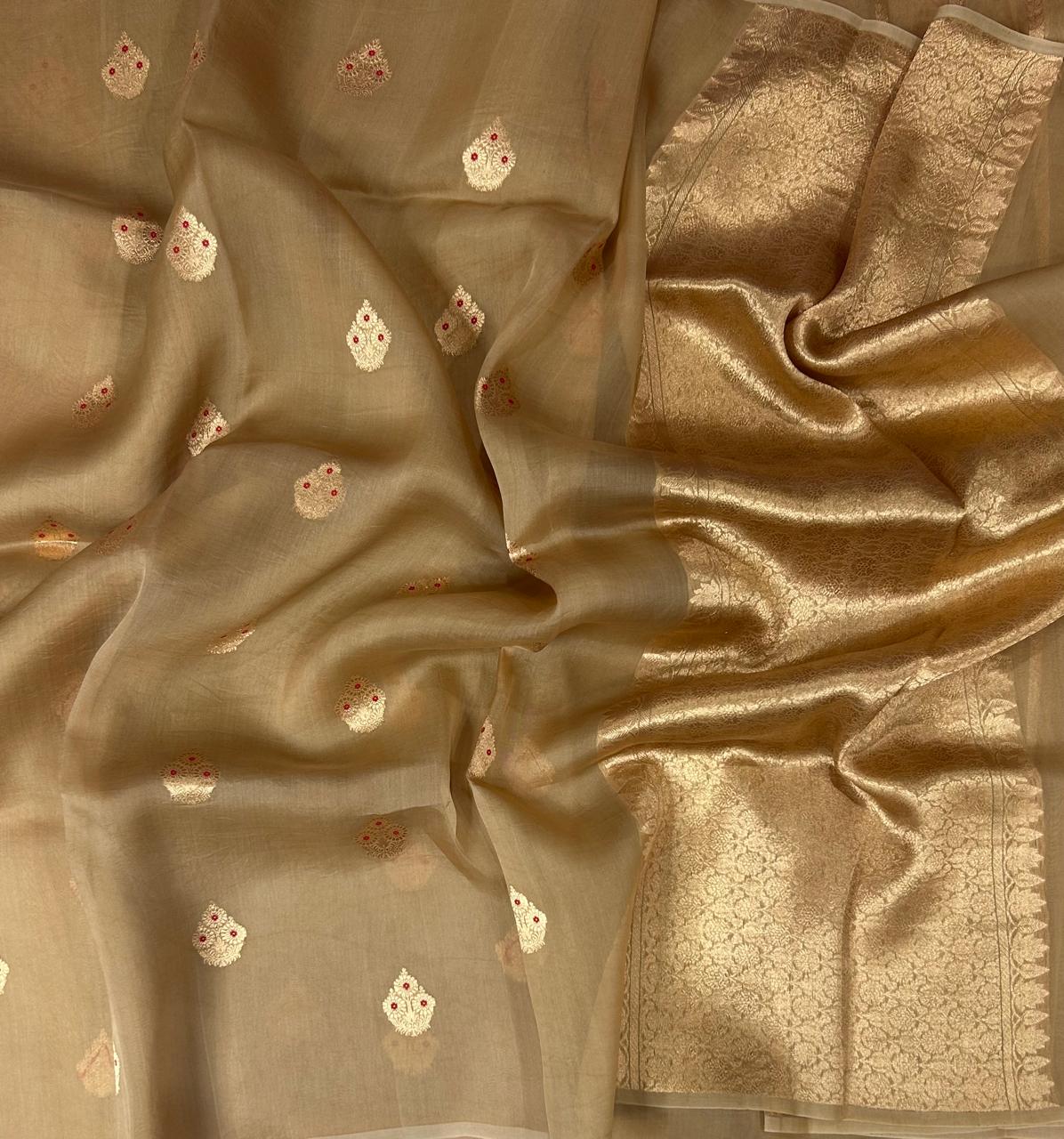 Beige kora organza silk saree