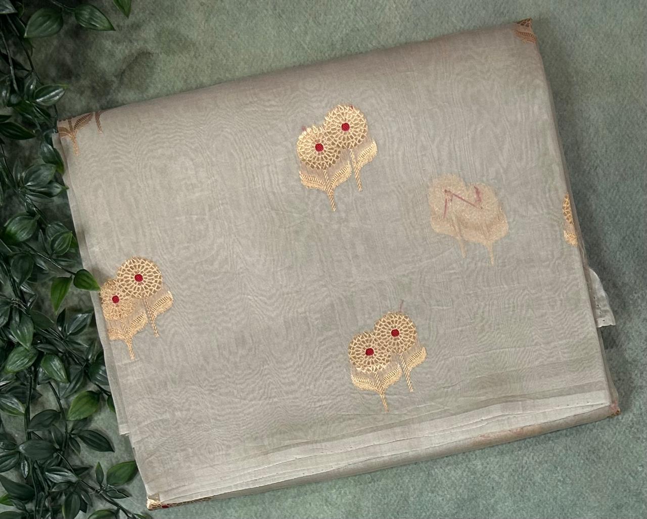 Grey meena pure kora 12 organza silk saree