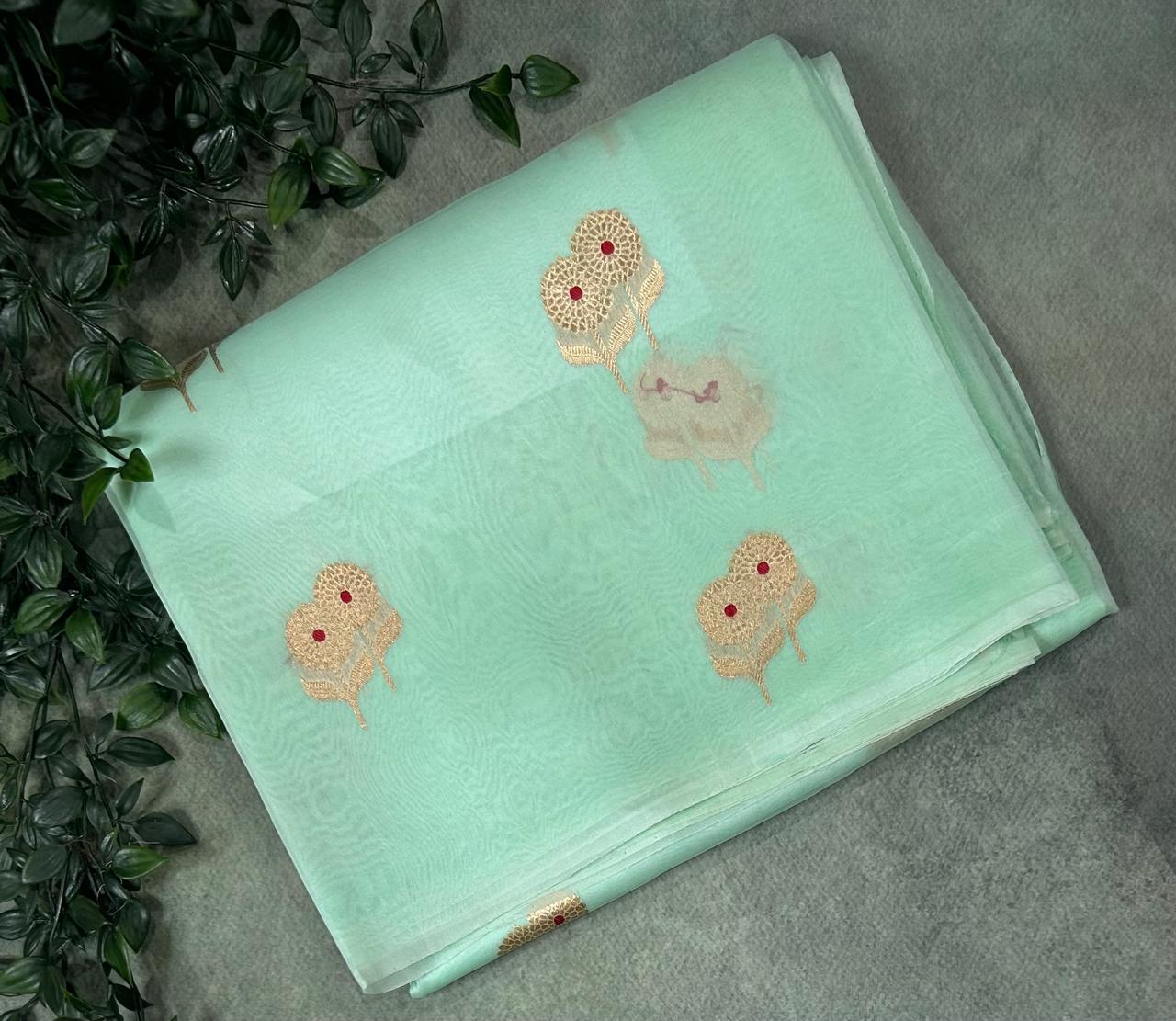 Sea green pure kora 12 organza silk saree