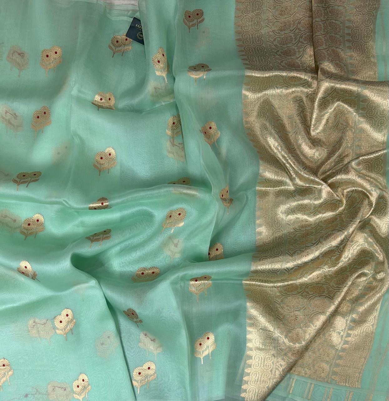 Sea green kora organza silk saree