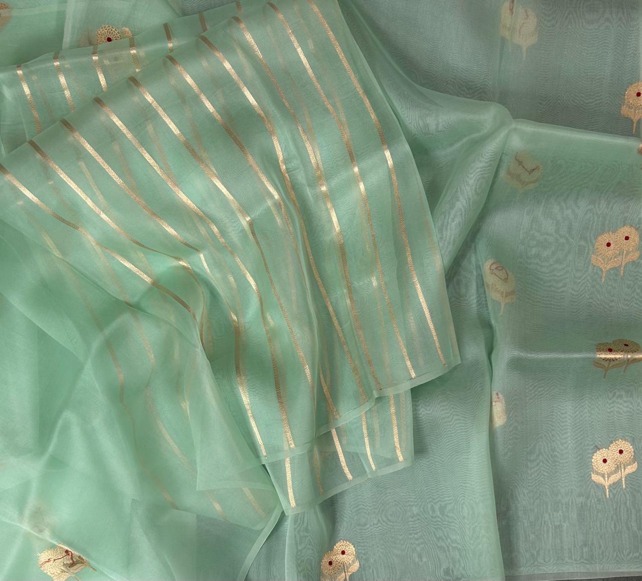 Sea green kora organza silk saree