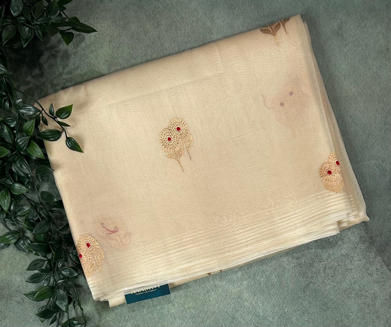 Cream kora organza silk saree