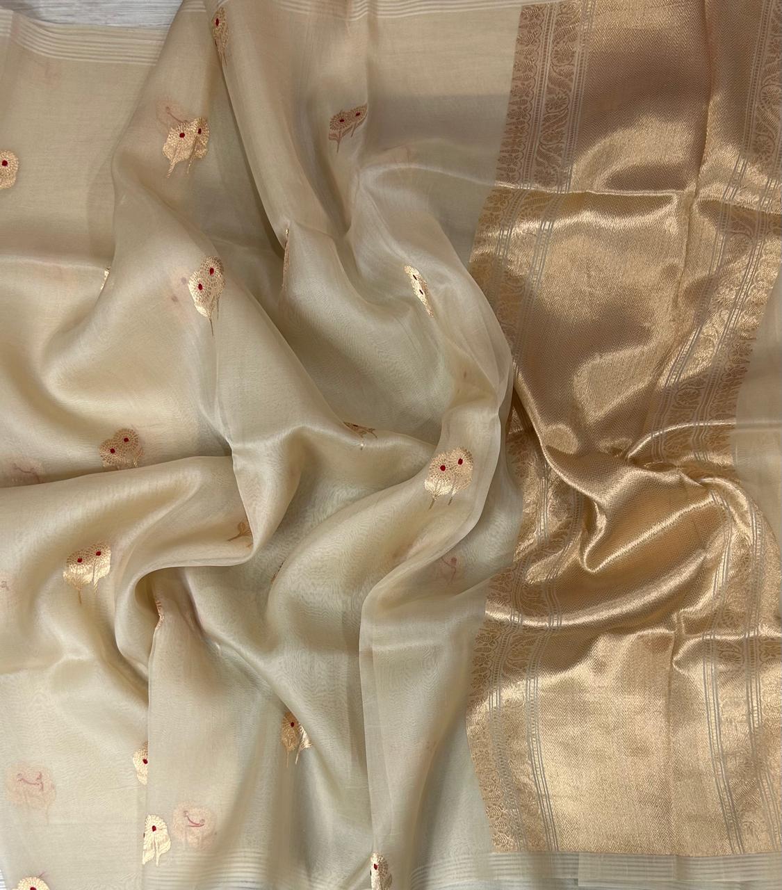 Cream kora organza silk saree