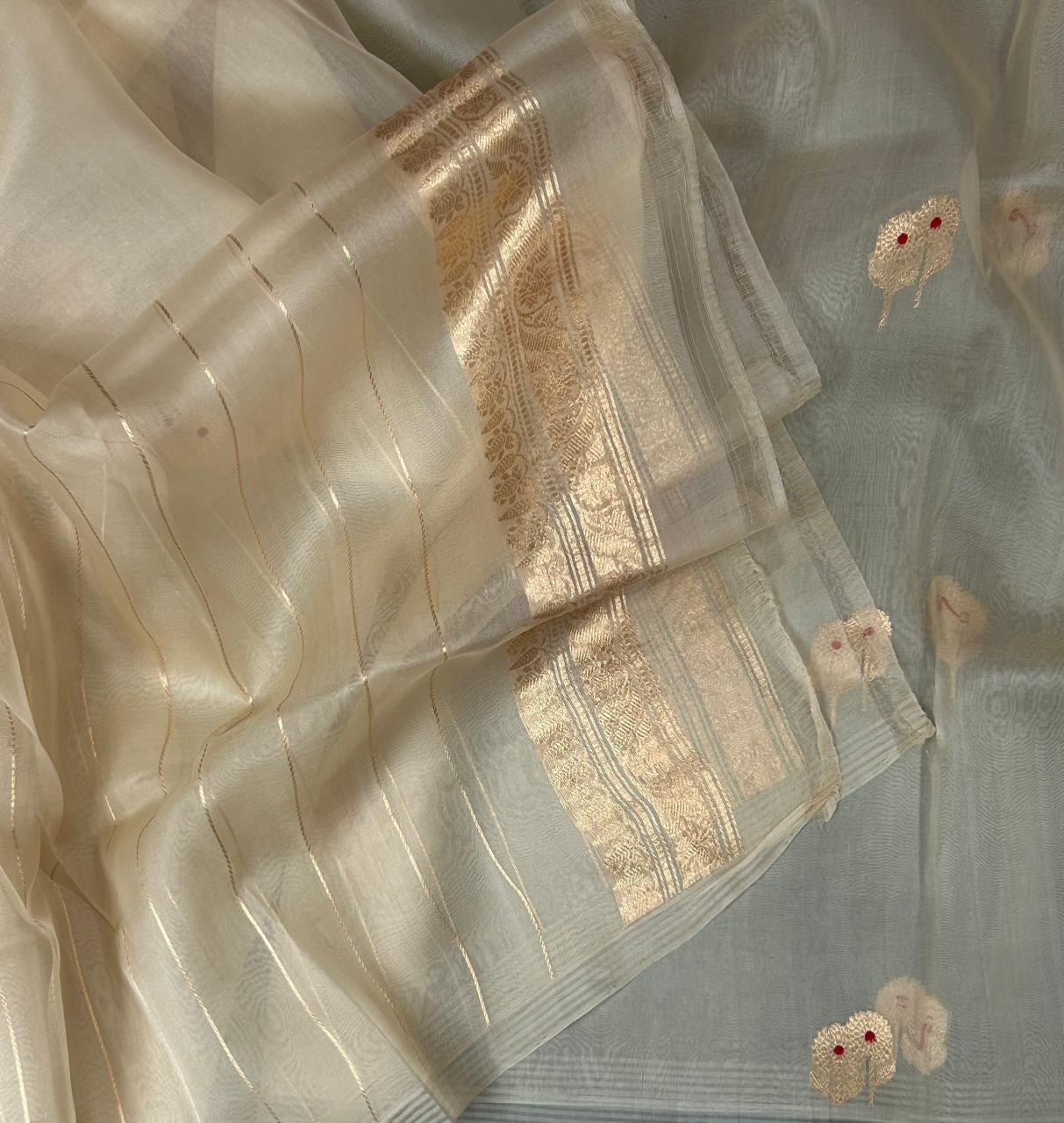 Cream kora organza silk saree