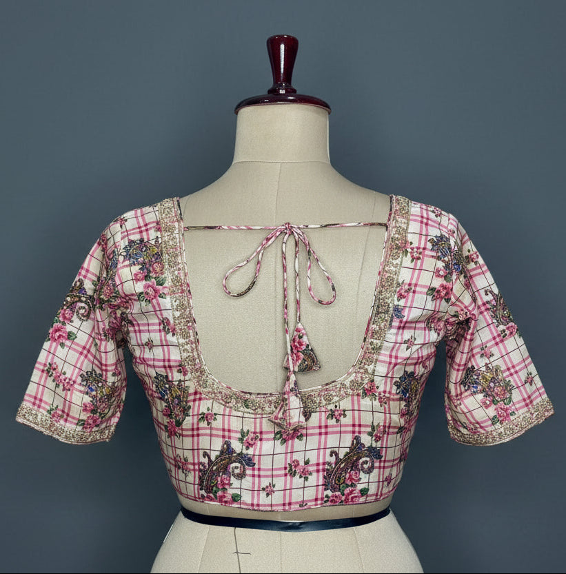 Light pink checks printed handwork blouse-12