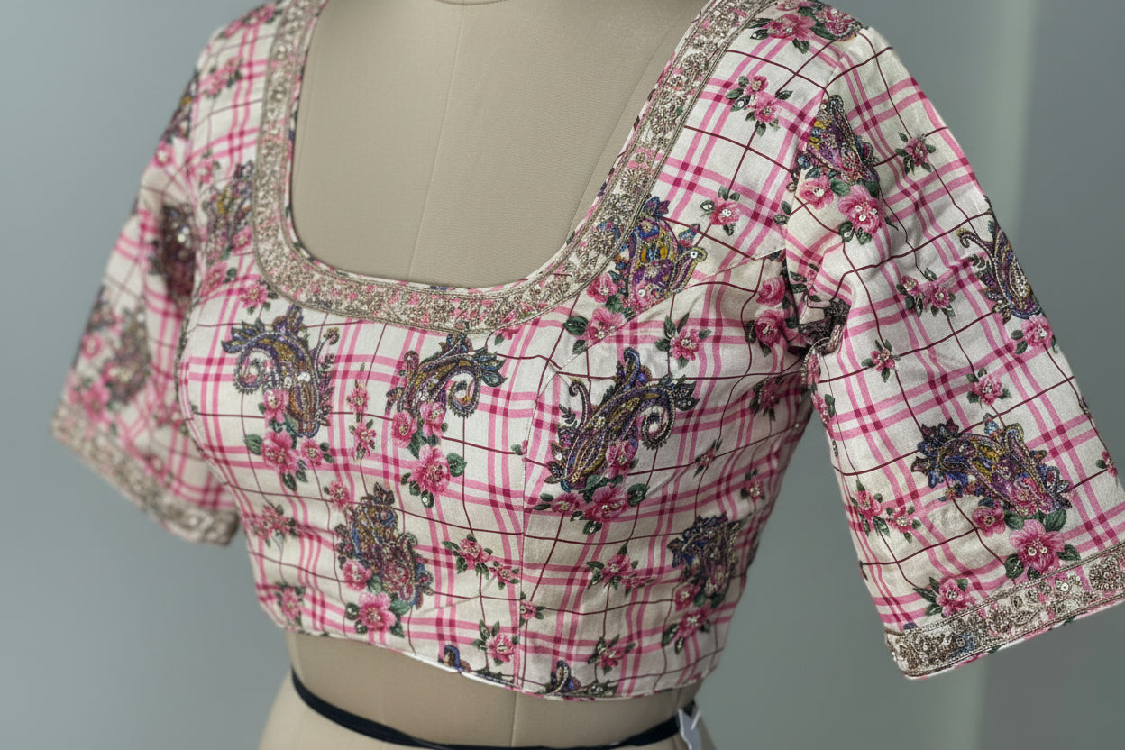 Light pink checks printed handwork blouse-12